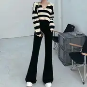 V-Neck Striped Long-Sleeve Top / High-Waist Flare Pants Top - Black & White - One Size