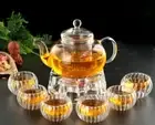 8 Pc Tea Set Glass Teapot With Infuser 800ml + Heart Warmer + 6 Pumpkin Tea Cups