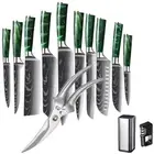 13PC Scissors Kitchen Knives Damascus Pattern Chef Knife Set+Holder+Sharpener