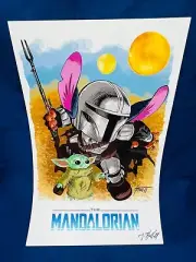 Stitch Mandalorian Star Wars SIGNED Art Print by Jonathan Hallett Grogu dd