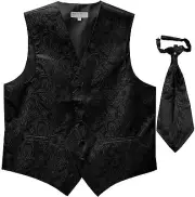 New Men's Paisley Tuxedo Vest Waistcoat & Ascot Cravat Wedding Formal Black