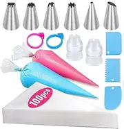 Cake Piping Set, 100Pcs Disposable Piping Bags and 6Pcs Nozzles Set with Converters, Cake Decorating Icing Piping Tip Set, Silicone Rings, Decorating Supplies for Cupcake and Cookie Icing Baking