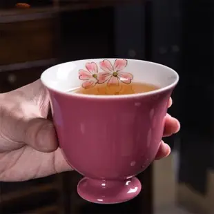 胭脂紅主人杯大號品茗杯手工陶瓷花口杯手繪茶杯功夫茶具日式單杯
