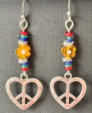 Groovy Millefiori Bead and Silver Heart Peace Sign Dangle Earrings. Love.