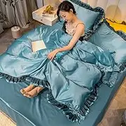 Satin Comforter Set with Sheet Set Silk Like Silky Duvet Cover Set Ultra Soft Comforter Cover Queen Bedding Set Luxury Room Decor Aesthetic Bedding 4 Piece(Blue,King)