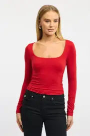 Red Supersoft Top Square Neck Long Sleeve - Size 14L, Women's T-shirt