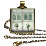 Looking Out Window Glass Top Necklace on Chain Handcrafted Gifts Spring Flowers