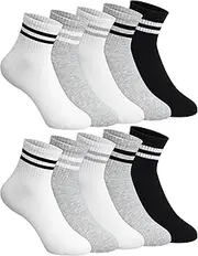 [Shihanee] 10 Pairs Stripe Crew Socks Cute Vintage Quarter Socks for Women 5 Styles Combed Cotton Heel Tab Athletic Running Cushion Socks for Adult, Black, Gray, White, One Size