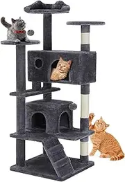 Sweetcrispy 54-Inch Cat Tree Tower – Multi-Level with Sisal Scratching Post, Perfect Pet Gift, Indoor Condo with Climbing Ladder, Plush Toy, and More Animal Stuff, Grey