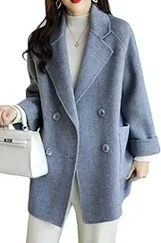 [Chartou] Women Wool Coat Peacoat Jacket Thick Loose Double Breasted Pea Coat Woolen Winter Overcoat