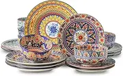 Hasense 18 Pieces Stoneware Dinnerware Sets Service for 6, Bohemian Style Plates and Bowls Set, Ceramic Vintage Tableware Dishes Set, Scratch Resistant Microwave and Dishwasher Safe, Assorted Color