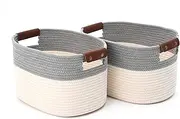 Cotton Rope Storage Baskets,15x10x9 in,Collapsible Storage Bins, Decorative Woven Basket Cube Storage Organizer for Laundry, Towel, Clothes (White/Grey-2Pack, 15x10x9 inches)