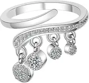 [Generic] Round Tassel Dangle Drop Wrap Open Adjustable Statment Rings for Women Sterling Silver Plated Crystal Diamond Fashion Dainty Band Finger Ring Jewelry