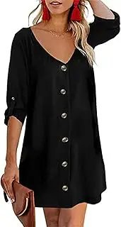 [Generic] Women Summer Button Down V Neck Dress Casual 3/4 Bell Sleeve Mini Dress Loose Tunic Vintage Flowy Swing Shift Dresses