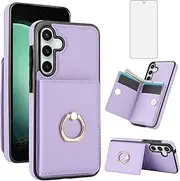 [Asuwish] Phone Case for Samsung Galaxy S23 FE 5G Cover with Tempered Glass Screen Protector and RFID Card Holder Slot Ring Kickstand Cell Accessories Flip Mobile S 23 EF S23FE 23S Women Men Purple