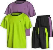 [Essenclo] Boys Clothing Sets Tagless Loose Athletic Performance Crew Neck T-Shirt and Short Outfits Size 3-16 (4 Piece Set), Set-9, 9-10