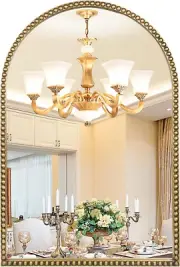 Arched Wall Mirror for Bathroom - 24"X36" Metal Beaded Frame Decorative Accent M