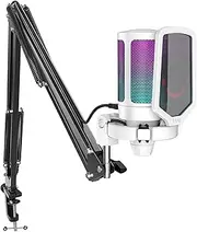 FIFINE Streaming Gaming USB Microphone Kit, PC Condenser RGB Mic on PS4/PS5, Plug and Play for Music Recording, Online Game, Discord, Twitch, with Pop Filter, Shock Mount-A6T White
