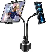 woleyi Cup Holder Tablet Mount for Car, [Double Device Clamp] Dual iPad Phone Car Mount with 10" Gooseneck Adjustable Arm for iPad Pro 12.9 Air Mini, Galaxy Tabs, iPhone, 4-13" Cell Phones and Tablets