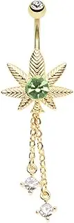 [Pierced Owl] 14GA Gold Plated Stainless Steel Light Green CZ Crystal Pot Leaf with Dangling Chains Belly Button Ring, Metal, cubic zirconia