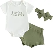 [Bowanadacles] Newborn Baby Girl St. Patrick's Day Clothes Outfit Clover Short Sleeve Romper Bottom Headband Set