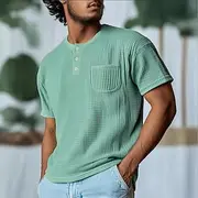 Men's Waffle Henley Shirt Tee Short Sleeve Solid Color Plain Solid Casual Buttons Pocket Henley Outdoor Casual Daily Summer Spring Fall Green Henley T-Shirt