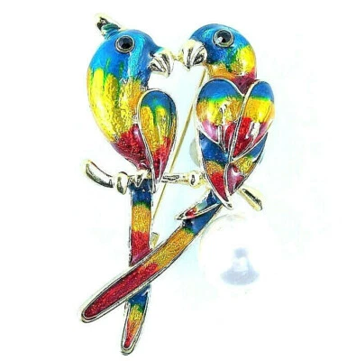 Delightful LOVE BIRDS Heart Shape PEARL Blue Red Yellow Colors Enamel Brooch