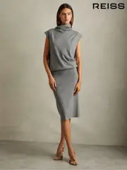 Reiss Grey Hester Knitted Wool-Cashmere Blouson Top Midi Dress (E61248) | $395