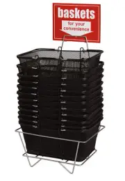 12 Shopping Metal Baskets Black Wire Mesh 17" x 12 x 7 Metal Stand Large Sign