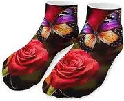 [QMNVBDS] Butterfly And Rose Socks Ankle Length Socks Casual Short Socks for Women Men Low Cut Sports Socks Running Socks No Show Socks Ankle Socks Athletic Socks Workout Socks, Style, One Size, Style