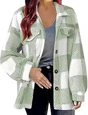 [Qolkmuiy-GJ] Womens Fuzzy Fleece Plaid Shacket Jacket Lapel Button Down Sherpa Cozy Coat Long Sleeve Plush Outwear with Pocket (Green 2,M), Green 2, M
