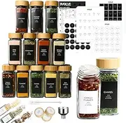 EVOLVE HOMEWARES 24 Glass Spice Jars with black & white Labels, Bamboo lid, 120ml, 500 Labels, Stainless steel Funnel, Empty Spices Jar set and Shaker Lids, Seasoning Containers.