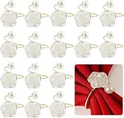 16Pcs Pearl Napkin Rings, Rose Flower Napkin Buckles,Gold Napkin Rings Holders Metal Serviette Buckles for Wedding Dinner Party Kitchen Table Setting Birthday Christmas Decorations