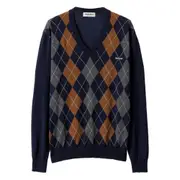 [Miu Miu] Miu Miu Argyle V-neck Wool Sweater 40 IT BLUE/ORANGE