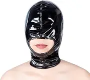 Shiny PU Leather Latex Head Cover HeadMask, Eye Mask, Exposed Mouth, Bondage,Black, Zipper Open