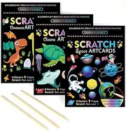 OPUHOHR 3 Set Magic Scratch Paper Art, Colorful Magic Drawing Art Book with 3 Scratch Pen for Birthday Halloween Christmas Party Games Projects Kits(Dinosaurs/Underwater World/Spaceman)