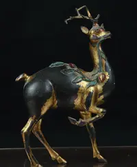 在飛比找Yahoo!奇摩拍賣優惠-純銅鎏金彩繪鹿擺件，居家辦公玄關書桌擺件25*16*7重量2