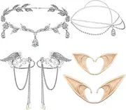 8 Pieces Fairy Cosplay Set Included Rhinestone Leaf Crown Headband Rhinestone Drop Headpiece Elf Ear Cuffs And 2 Pairs Elf Ears For Christmas Women Girls Dress Up Costume Party Props Accessories, Mixed Color, Medium