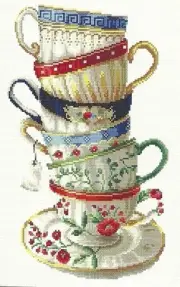 Vintage Elegant Tea Cups Red Blue Flower Color Edge Cross Stitch COLOR Pattern