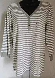 Anne Klein Sport Womens Shirt Top Blouse Size M Medium Gray White Striped