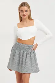 Check Flare Skirt High Rise Shirred Waist - Size 14, Women's Short Skater