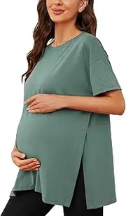 [Ecavus] Maternity Shirts Long Sleeve Cross V-Neck Comfy Stretchy Maternity Nursing Tops