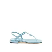 Miu Miu Azure Women Blue Sandals 100% Leather Solid Square Toes Strappy Shoes