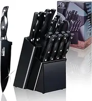 STEUGO Black Knife Set，19 Piece Kitchen Knife Set with Knife Holder and Knife Sharpener The Knife Block Set has Chef's Knives, Bread Knives, Steak Knives and Other Knives for Slicing, Dicing, Cutting