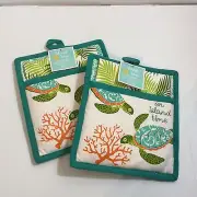 Hot Pad & Tea Towel Set Island Time Sea Turtle & Palm Fronds Set of 2