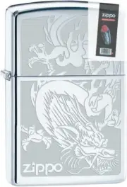 Zippo 02818 Dragon Engraved High Polish Chrome Lighter + FLINT PACK