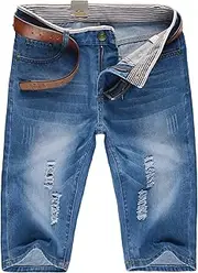 [Generic] Men's Straight Hole Half Jean Casual Classic Straight Short Jeans Big Tall Relaxed Fit Work Denim Shorts