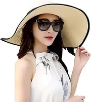 [Cauplse] Womens Wide Brim & UV Protection Straw Hat with Headwear Bowknot Summer Hat Leisure Travel Roll Up Floppy Sunhat