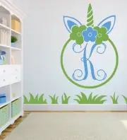 UNICORN CIRCLE MONOGRAM INITIAL 22" TALL LARGE 2 COLOR VINYL WALL DECAL FLOWERS