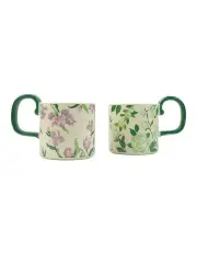 [Lanci Aristo] High-Fired Ceramic Porcelain Mug 2 Set with Lid Tea Spoon 400ml in Green